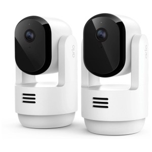 2er-Set Arlo Essential 3 PTZ 2K Innenkameras in Weiß für flexible Videoüberwachung.