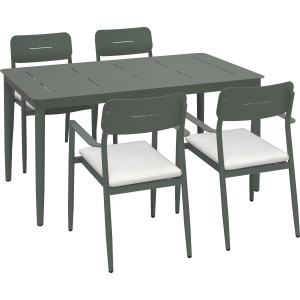Set da pranzo Claremont 5 pezzi in grigio-verde con cuscini color crema.