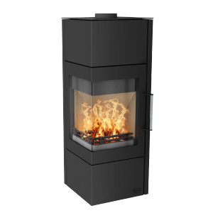 Poêle en acier noir Fireplace Royal avec des flammes dans la chambre de combustion.