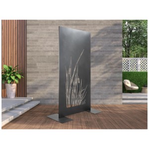 Paravent Nouvel Typha en métal anthracite avec motif de roseaux pour l'intimité.