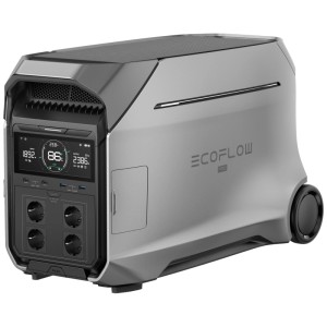 Power station Ecoflow Delta Pro 3 CH argentée avec 4096 Wh, écran et roulettes.