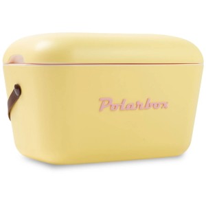 Gelbe Polarbox Kühlbox Retro Cooler (20 l) aus Polypropylen mit braunem Trageriemen.
