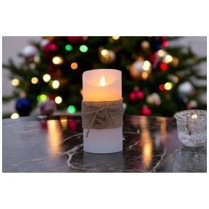 Weiße LED-Wachskerze mit Deko "Thank You", Ø 7,5 cm, Höhe 15 cm, warmweißes Licht.