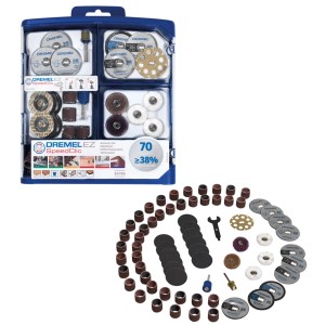 Set accessori Dremel EZ SpeedClic SC725 da 70 pezzi per minitrapani. Dischi, nastri per tagliare, levigare, lucidare in valigetta.