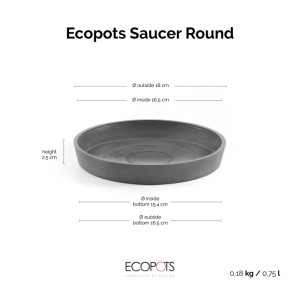 Soucoupe Ecopots, Ø 20cm, grise. Forme ronde, idéale pour l'intérieur et l'extérieur. Résistante au gel et aux UV.