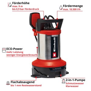 Einhell GE-DP 7535 N LL Eco kit d'inondation : Pompe submersible 2 en 1 pour eaux claires et chargées.