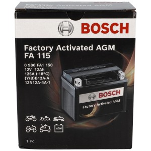 Batterie moto Bosch FA115 AGM 12Ah dans sa boîte, convient aux motos, quads et véhicules tout-terrain.