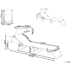 Chaise longue avec pare-soleil: Dessin technique montre dossier réglable, fonction pliable et dimensions.