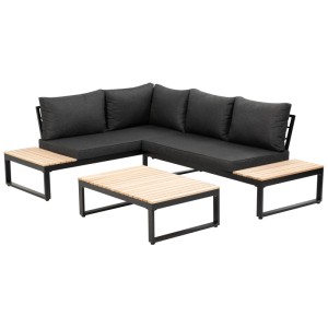 Greemotion Lounge-Set Riola, 3-teilig, mit anthrazitfarbenen Kissen und Tischen in Holzoptik.