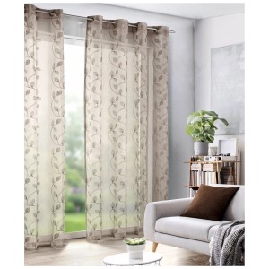 Tenda a occhielli Camilla color noce trasparente con ricamo di foglie per decorazione finestre.