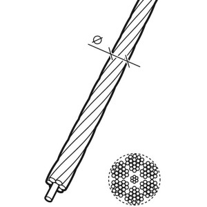 Illustrazione di una fune metallica zincata Conacord, diametro 2 mm, con sezione trasversale.