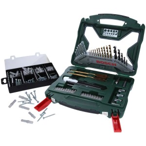 Set di fissaggio Bosch X-Line 50Ti con set di accessori da 173 pezzi in valigetta verde aperta.
