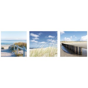 Set di quadri su tela Seashore, 3 motivi spiaggia 30x30 cm, per decorazioni murali marittime.