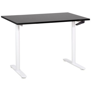 Bureau Beliani Destinas réglable en hauteur avec plateau noir, cadre en acier blanc et manivelle.
