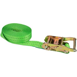 Sangle d'arrimage verte à cliquet, 6 m de long, 3,5 cm de large. Idéale pour sécuriser les charges.