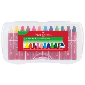 Faber-Castell Jumbo Wachsmalkreiden, 12-teilig im transparenten Etui. Buntstifte in verschiedenen Farben.
