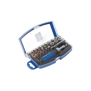 Set LUX di punte e bussole, 26 pezzi con punte, bussole e cacciavite a cricchetto in custodia blu.