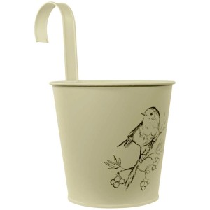 Vaso sospeso in metallo beige con motivo pettirosso per balcone, giardino o recinzione.