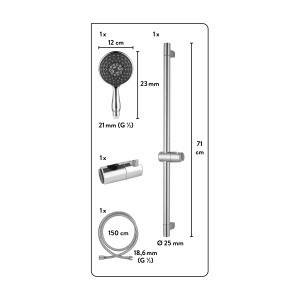 Ensemble de douche baliv DBS-60.30 chromé avec barre, douchette, flexible et support.