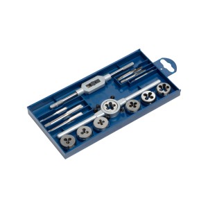 Jeu de tarauds LUX acier M3-M12 Comfort dans un coffret bleu : tarauds, filières, tourne-à-gauche et porte-filière.