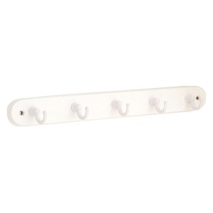 Weiße Schlüsselleiste aus Metall mit Buche-Optik und 5 Haken, Lochabstand 270 mm.