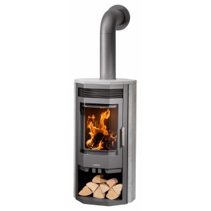 Poêle à bois Justus Usedom 7, fonte grise avec pierre ollaire, 7 kW, classe énergétique A. Cheminée avec rangement pour le bois et feu.