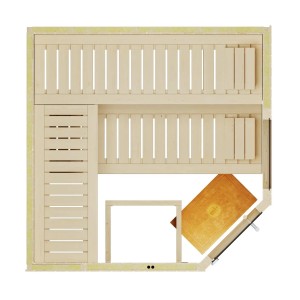 Sauna d'angle Weka Element Varberg 3 set, vue intérieure avec bancs, poêle et porte en verre.
