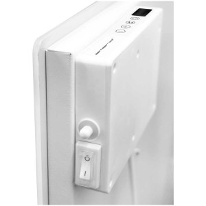 Stufa a infrarossi Emerio 720W, riscaldatore a parete bianco con display digitale e interruttore.