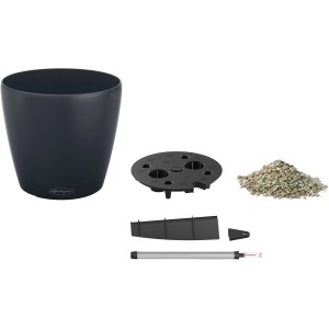Pot de fleurs Lechuza Classico Color, gris ardoise, avec accessoires pour le système d'arrosage.