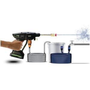 Pistolet de lavage de voiture sans fil HydroBlast 2en1 avec tuyau, seau et jet d'eau pour l'entretien auto.