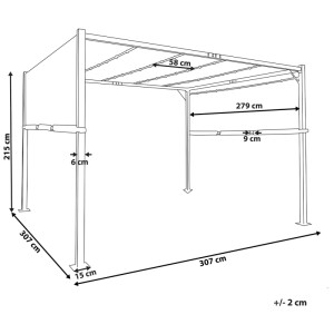 Technische Zeichnung der Beliani Parga Pergola aus Stahl mit Maßen 215x307x307 cm für Terrassenüberdachung.
