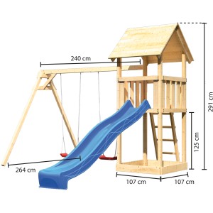 Tour de jeu Karibu Lotti avec toboggan bleu, balançoire double et toit à deux pans. Aire de jeux en bois.