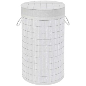 Cesto portabiancheria Wenko Bamboo White, cesto rotondo in bambù con coperchio e maniglie, 55 litri.