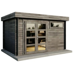 Abri de jardin moderne Alpholz Leandro gris avec double porte et fenêtre.
