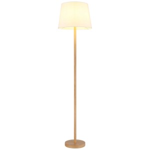 Lampadaire Globo Joris, bois/métal, abat-jour textile blanc, hauteur 151 cm.