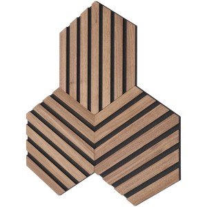 Panneaux design Denpanels Hexagon noyer, 3 panneaux muraux MDF aspect bois et noir.