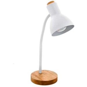 Lampada da tavolo bianca Eglo Veradal con base in legno e braccio flessibile per lampadina E27.