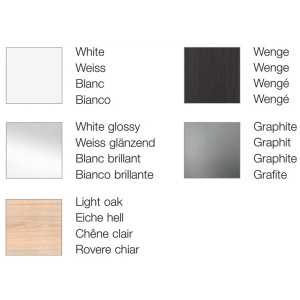 Sélection de couleurs pour meuble sous-vasque Laufen Pro S : blanc, wengé, graphite, chêne clair, blanc brillant.