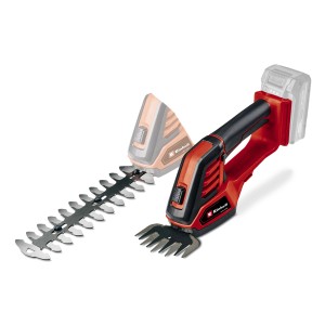 Cisailles à gazon et arbustes sans fil Einhell Power X-Change GE-CG 18/100 Li-Solo avec deux accessoires. Idéal pour les bordures de pelouse et les arbustes.
