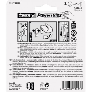 Tesa crochets adhésifs, lot de 3, blancs, ronds, avec Powerstrips Large. Idéal pour cuisine et salle de bain.