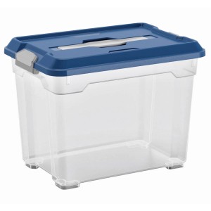 OBI Allzweckbox Cadiz, 18 l, transparente Aufbewahrungsbox mit blauem Deckel.