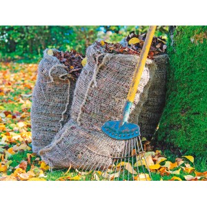 Lot de 2 sacs à feuilles compostables en jute remplis de feuilles et un râteau dans le jardin.