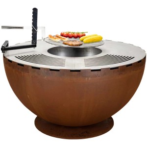 Brasero-Grill Nouvel Firebowl 100 en tôle de chaudière avec aliments, Ø 100 cm.