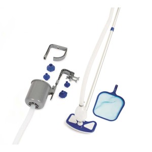 Kit d'entretien de piscine Bestway Flowclear Deluxe avec skimmer, aspirateur et accessoires.