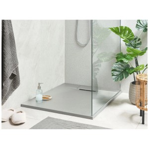 Receveur de douche Beliani Azzurro gris en plastique SMC effet pierre, plat, avec bonde latérale dans salle de bain.