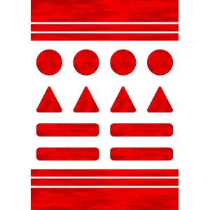 Stickers rouges holographiques : bandes, points, triangles et rectangles.