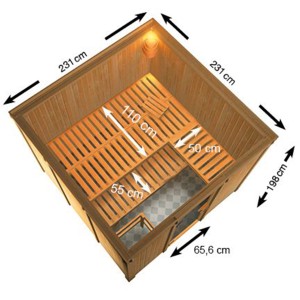 Sauna Karibu Arvika con stufa bio, porta in vetro bronzato e dimensioni. Sauna in legno massello con panche e stufa.