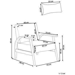 Schéma du fauteuil Beliani Skara, gris en similicuir, avec dimensions et coussin.
