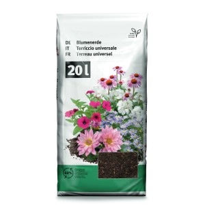 Sac de terreau universel sans tourbe, 20 l, avec illustration de fleurs. Terre pour jardin, balcon et terrasse.