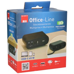 Chargeur de bureau avec 3 ports USB-C et 1 port USB-A, 65W, noir, accessoire ordinateur.